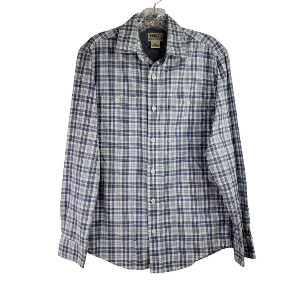 LL Bean Shirt Men's Small Blue Plaid Cotton Outdoor Camping Lined Cabin Hike - Picture 2 of 9